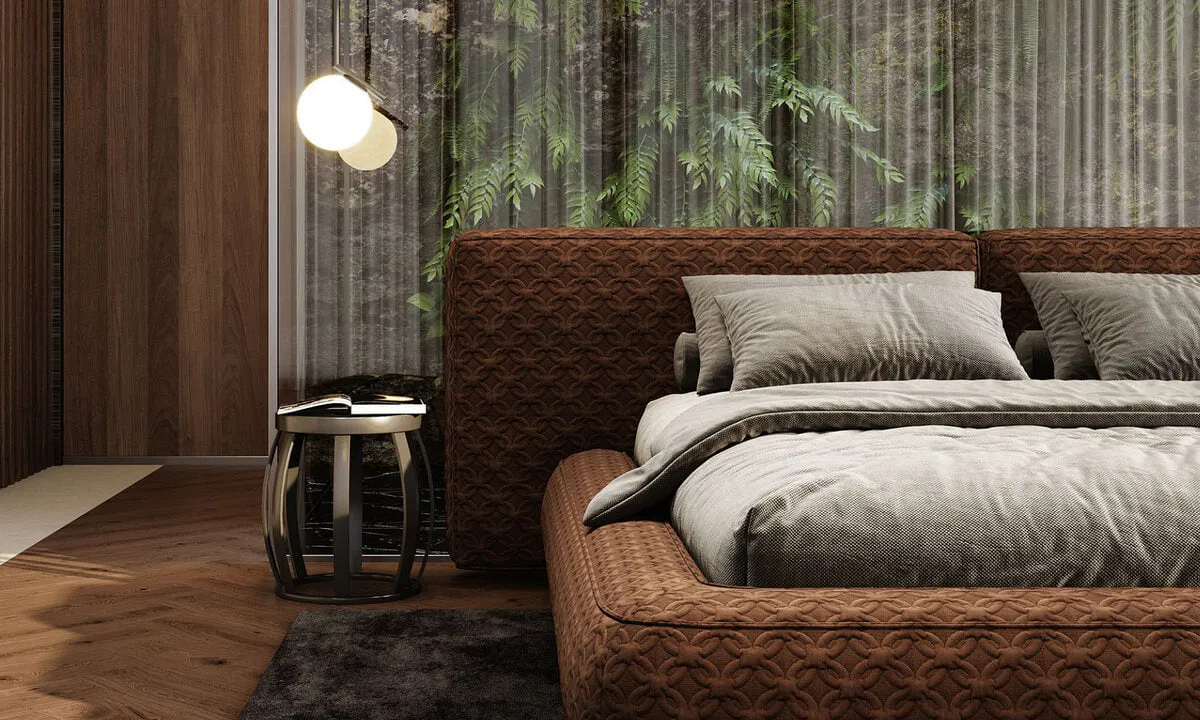 Gepolstertes Bett mit Nachttisch in einem Schlafzimmer mit Holzwand